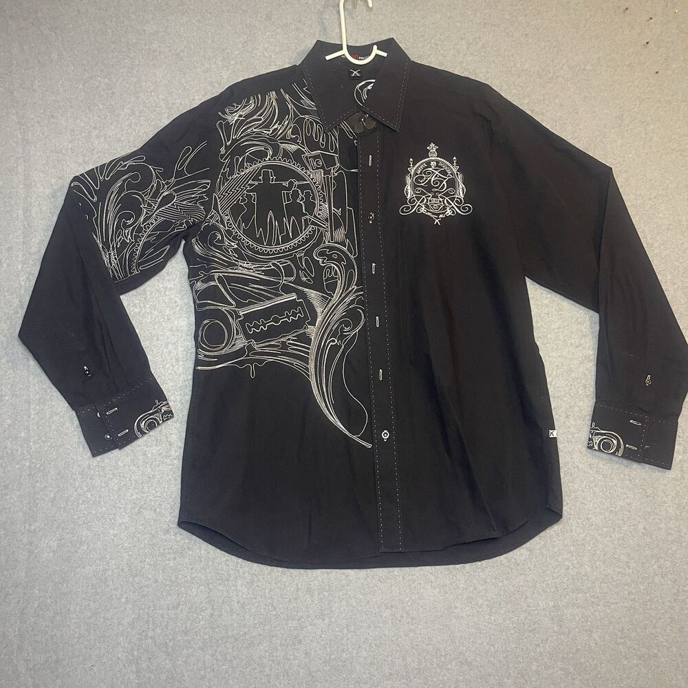 Y2K Artful Dodger Black White Graphic Embroidered Button-Up Shirt Long Sleeve L